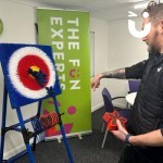 Axe Throwing Hire 2 set up at Fun Towers being played on by staff