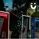 Crazy Mirrors at a fun day with a walkabout dinosaurs head popping out over the top