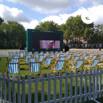 Deck chairs set up for an outdoor cinema
