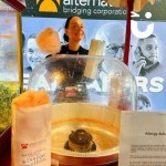 Candy Floss And Popcorn On A Cart 6 Hire set up at an indoor exhibition with a fun expert holding a stick of bespoke orange candy floss and a branded bag of bespoke blue popcorn
