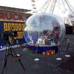 Christmas Giant Snow Globe Hire set up to be used for filming a TV competition with lots of electrical good inside for people to win