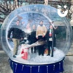 Christmas Giant Snow Globe Hire 4 set up outside with a team of 5 collegues inside wearing reindeer antlers and smiling