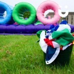 close up of a bucket full of flags