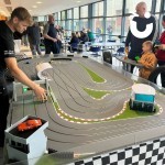 Scalextric Track Hire set up in an office canteen for bring your child to work day