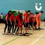 two teams competing on the ski slalom