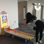 Women in an office on the virtual Bowling