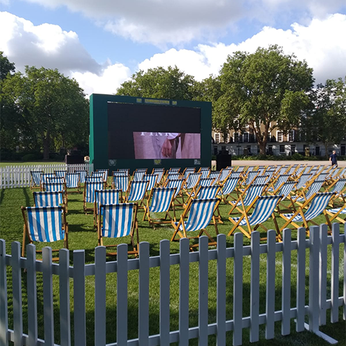 Deck chairs set up for a student movie night