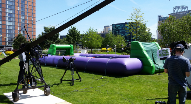 Human Table Football set up at Salford Media City for Blue Peter filming