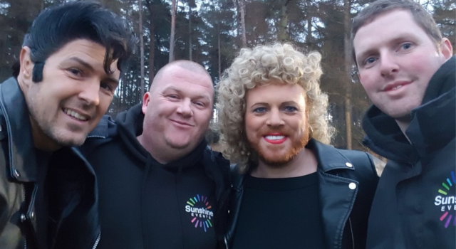 Two Fun Experts taking a selfie with Keith Lemon and Paddy McGuinness dressed as Sandy and Danny from Grease