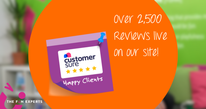 Colourful graphic with a post it note with the Customer Sure logo and text reading 'Over 2500 Reviews liver on our website'
