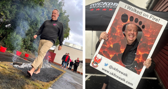 Two images side by side of Director of Fun Jim walking on hot coals and posing with the photo prop reading 'I walked on fire'