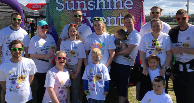 Fun Experts takinga  group photo and wearing branded t shirts before UCLan's Colour Run 2016