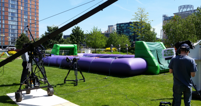 Human Table Football set up at Salford Media City for Blue Peter filming