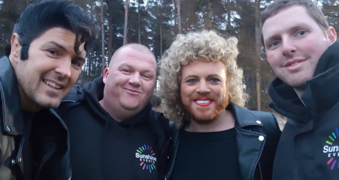 Two Fun Experts taking a selfie with Keith Lemon and Paddy McGuinness dressed as Sandy and Danny from Grease
