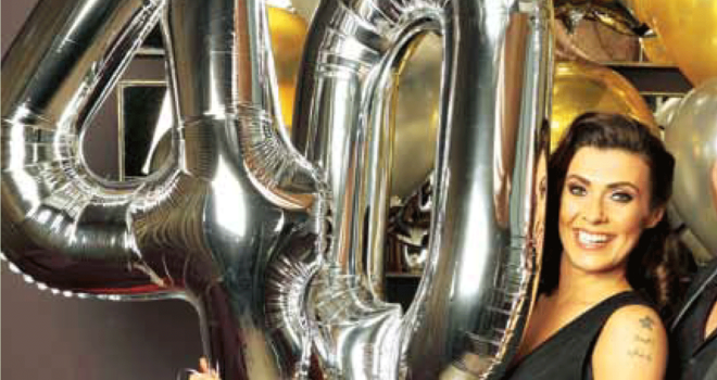 Kym Marsh posing with foil balloons shaped like the number 40